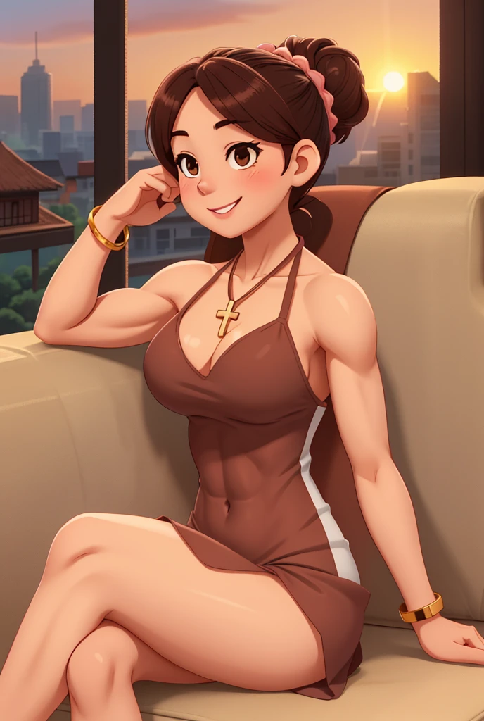attractive korean woman, ripped muscle, muscular body, small breast, pale skin, smile(blush), nude, sarong, thin necklace, sixpack abs, [ultra detailed skin:1.2], brown hair, wavy hair, 8k uhd, pussy, full body, crowd, public, night, standing,