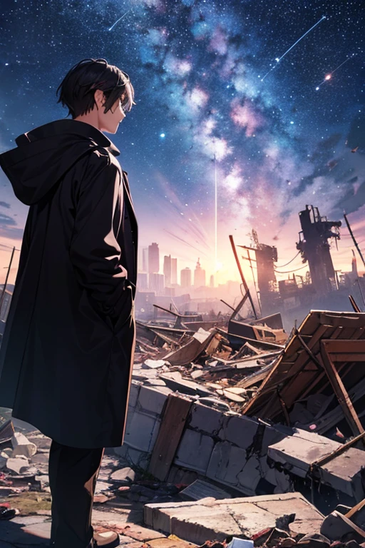 A man in a black coat looks at the stars of a destroyed world