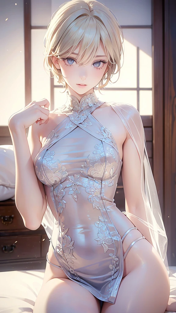 (masterpiece,highest quality,超A high resolution),japanese woman,1 girl, (((Very beautiful 18 year old girl))), pretty girl、look at the photographer、 ((beautiful blonde bob hair)), super cute face, glossy lips, double eyelids in both eyes, blue eyes, natural smile、 natural makeup, long eyelashes, Shiny and smooth hair、center image, perfect limbs, perfect anatomy,(((white China dress)))、((See-through)),((wet with sweat)),