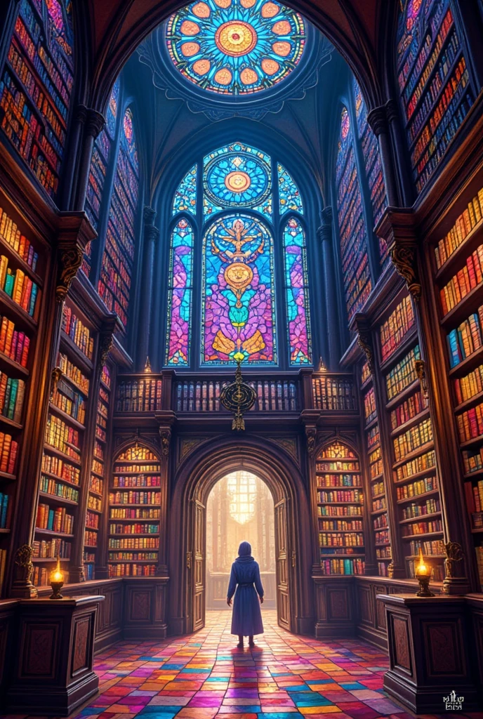  stained glass style,Close up of a bookshelf filled with lots of books, Magic Library, standing inside a Magic Library, Item Search Puzzle Book , very detailed, Magical Doorway , book filled, Book Cave, そこら中に本がある,  Bookshelf Small Library , inside a castle library,  brightly colored books , A room like a puzzle, fancy library,  Inside an Old Magical Store 