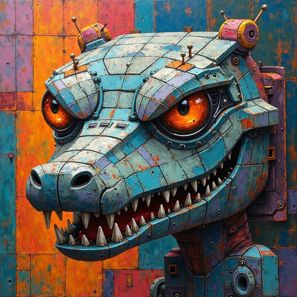 Cubist oil artwork with vivid colors of a robotic face with crocodile eyes in a future environment.