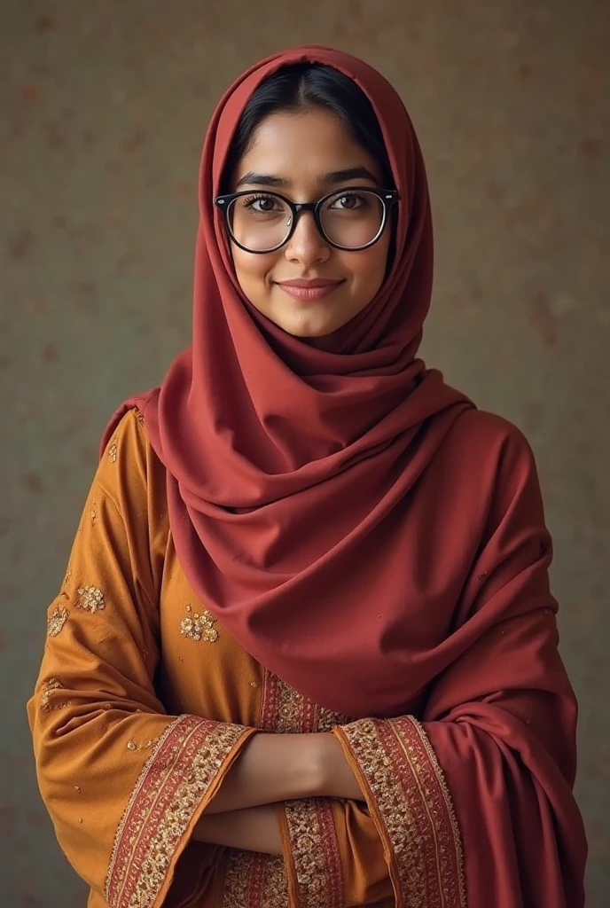 (iu:0.8).ample cleavage, small breast, RAW, Best quality, high resolution, Masterpiece: 1.3, Beautiful glasses hijabi java girl wearing scarf_top and boyshort, Masterpiece, Soft smile, table shots 