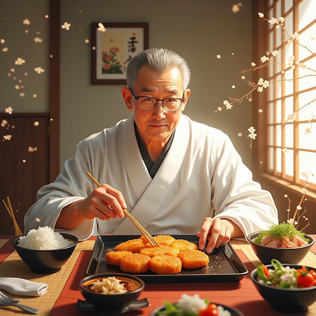 Picture of a Japanese man eating a delicious pork cutlet set meal