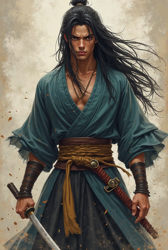 Can you create art for pathfinder wotr to use as a portrait?  A male character, long hair style that of Hyakkimaru by Dororo or Kenshin like Battousai, He wears two daggers , pele morena, slightly pulled eyes , full body art, with a paint quality similar to those of the fringe game, pele morena