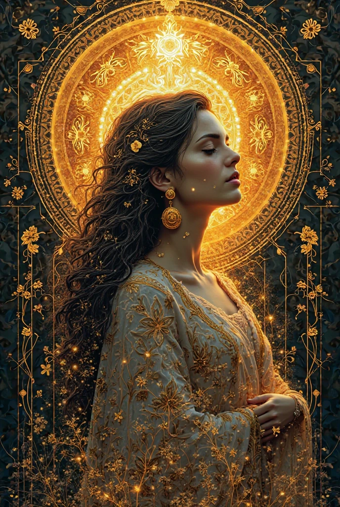 Golden Linear Design with Mother Goddess Theme with Persian Painting Style 