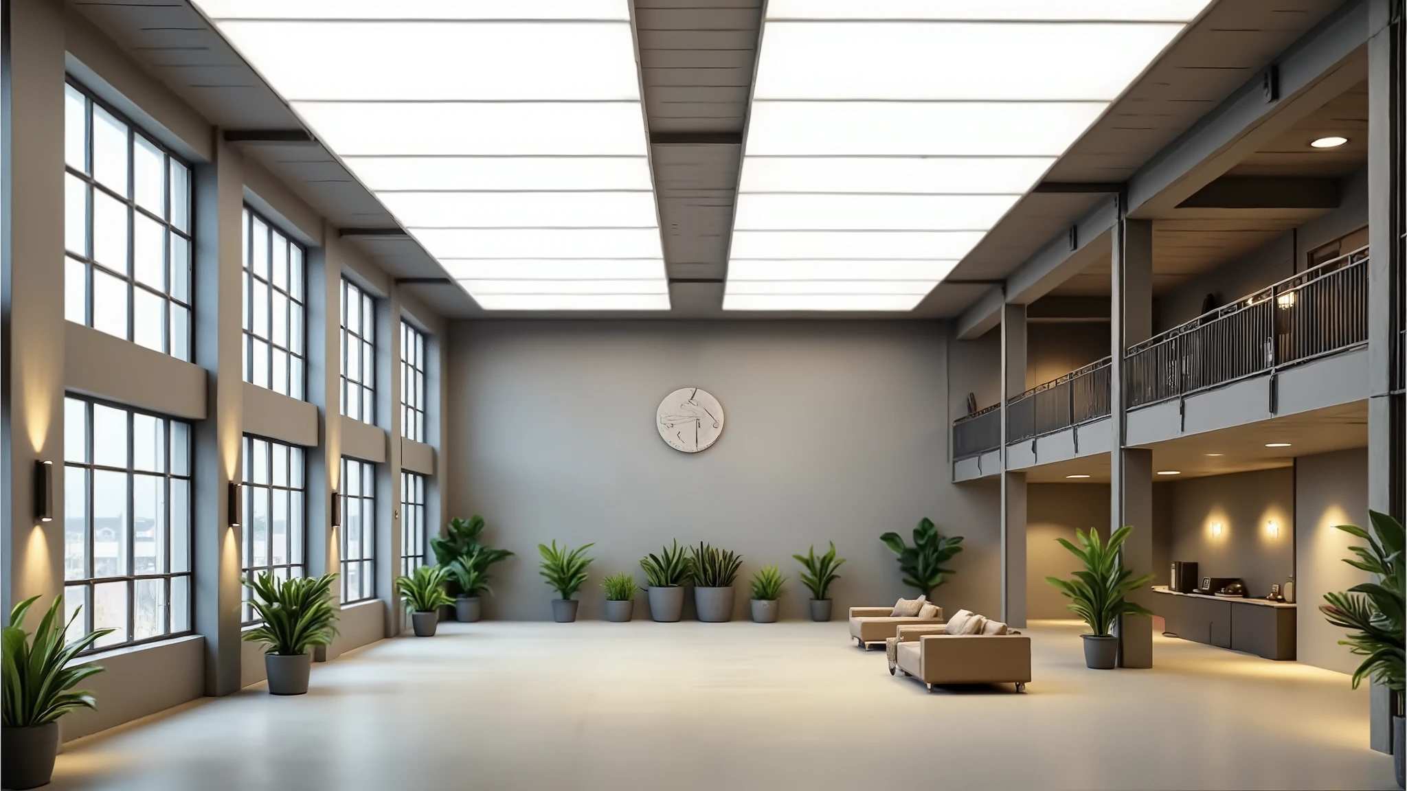 Interior of a modern industrial building with large windows , metal beams , and a mezzanine level , featuring a variety of plants , seating areas , and decorative elements