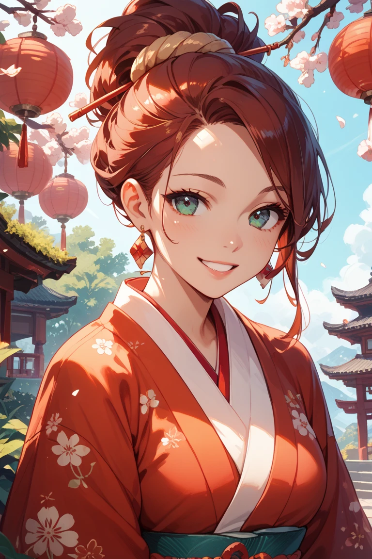 A beautiful woman with updo is wearing a red kimono and smiling in front of Kinkakuji on a clear day