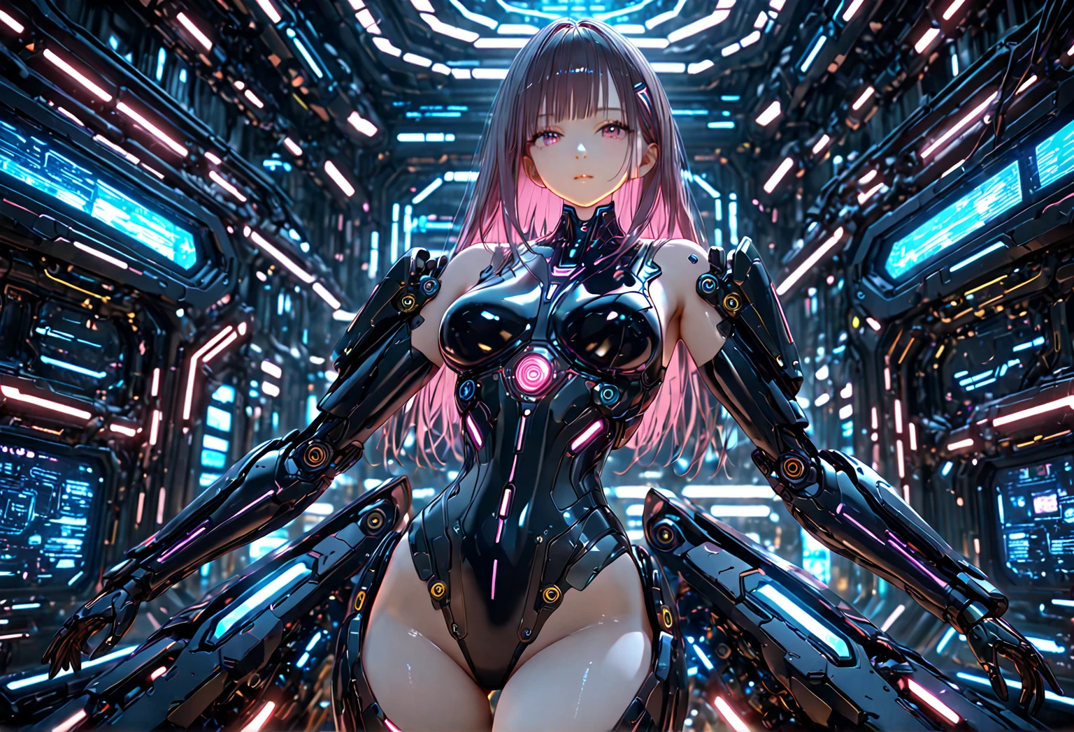 spread out the female genitals、female android、translucent mechanical girl、best quality、Translucent partial robot body parts、（Skin-colored tits,nipple）、spread legs pose、charge with cable、erotic private parts、bright maintenance room、spherical joint、transparentpink hair