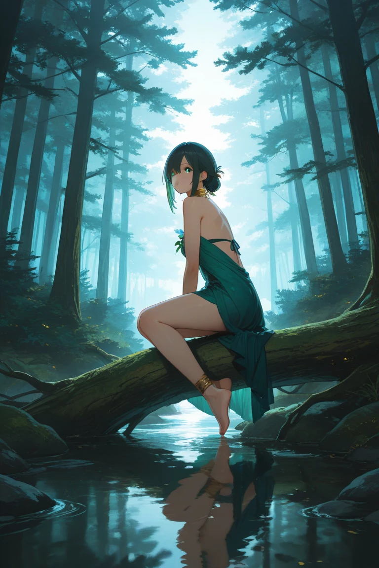 Create awe-inspiring digital art that captures the tranquil beauty of an ancient forest at dusk. そびえ立つtree々 bathes in soft light that captures the quiet beauty of an ancient forest at dusk , tree々Golden light shining through, Casting a gentle shadow on the lush undergrowth. The image must evoke a sense of serenity and surprise, Immerse your audience in the fascinating world of nature.