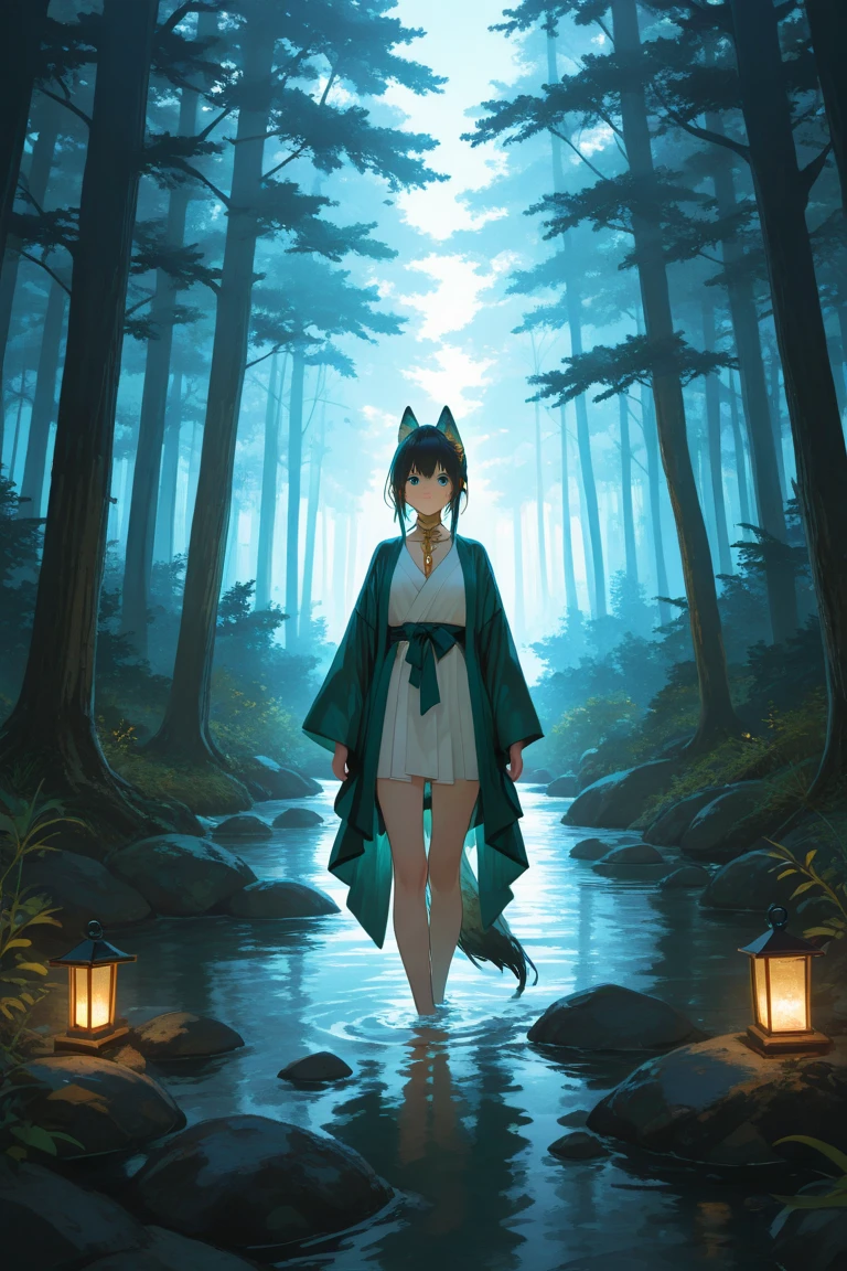 Create awe-inspiring digital art that captures the tranquil beauty of an ancient forest at dusk. そびえ立つtree々 bathes in soft light that captures the quiet beauty of an ancient forest at dusk , tree々Golden light shining through, Casting a gentle shadow on the lush undergrowth. The image must evoke a sense of serenity and surprise, Immerse your audience in the fascinating world of nature.
