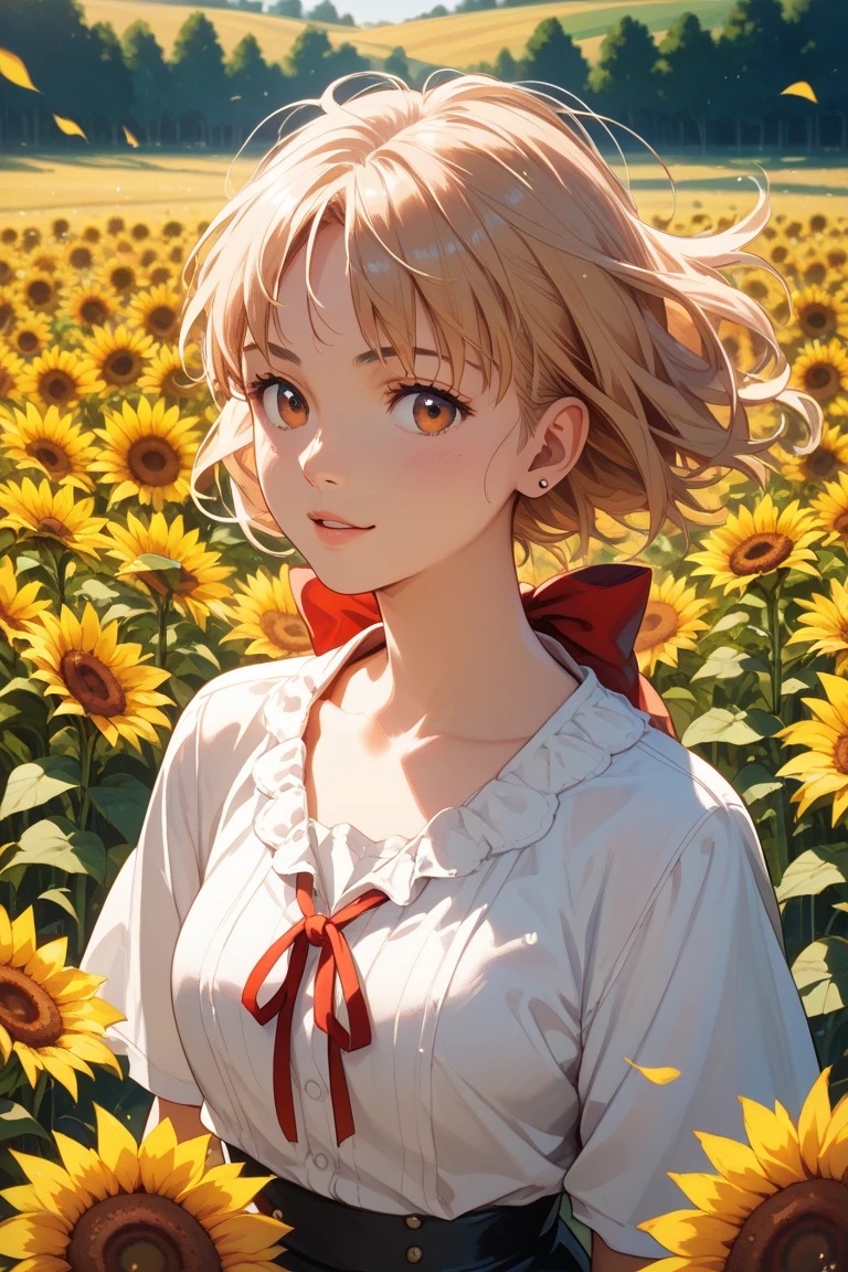 Ghibli style　Chihuahua　black tan white 　The tips of my ears are droopy　Red Ribbon Around Her Neck　Sunflower Field Background 