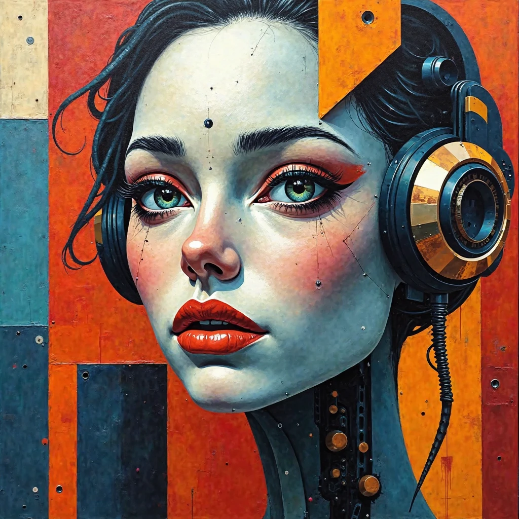 Cubist oil art work with bright colors of a robotic face of a cubist woman with snake eyes and geometric background of primary colors