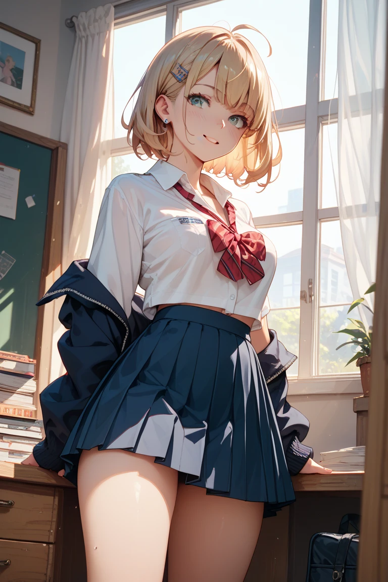 Top quality work,Show Legs,Shiny cream Dress,(short golden hair),ponytail,(golden eyes), lovely red lips, Rose cheeks, Pretty Face, A perfectly proportioned face, school white shirt with red bow and black skirt, (school uniform), white stockings,in classroom,full-body view, amazing, Large round chest、Beautiful eye details、(Very slender eyes)、Beautiful eyelashes、beautiful double eyelid, with blush cheeks,