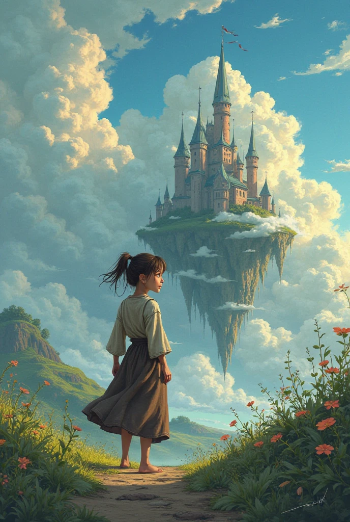 elle n'est qu'une simple fille travaillant dans une ferme. Elle vit des moments difficiles., c&#39;est l&#39;Dark Ages. , monde fou, Floating Islands, Cloud Castle, (best quality:1.3), (high resolution:1), (detailed:1.3), (incroyable:1.3), (parfait:1.3), (parfaition:1.3), (couverture du volume:0), (illustration:1.3), art by Studio Ghibli