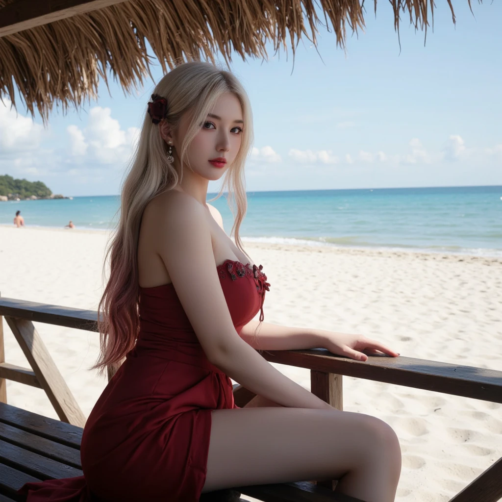 Photorealistic,Realistic,Photography,Masterpiece,Best quality,Ultra-detailed,1girll,full bodyesbian,water,dress,view the viewer,Red dress,White hair,MD colorful,