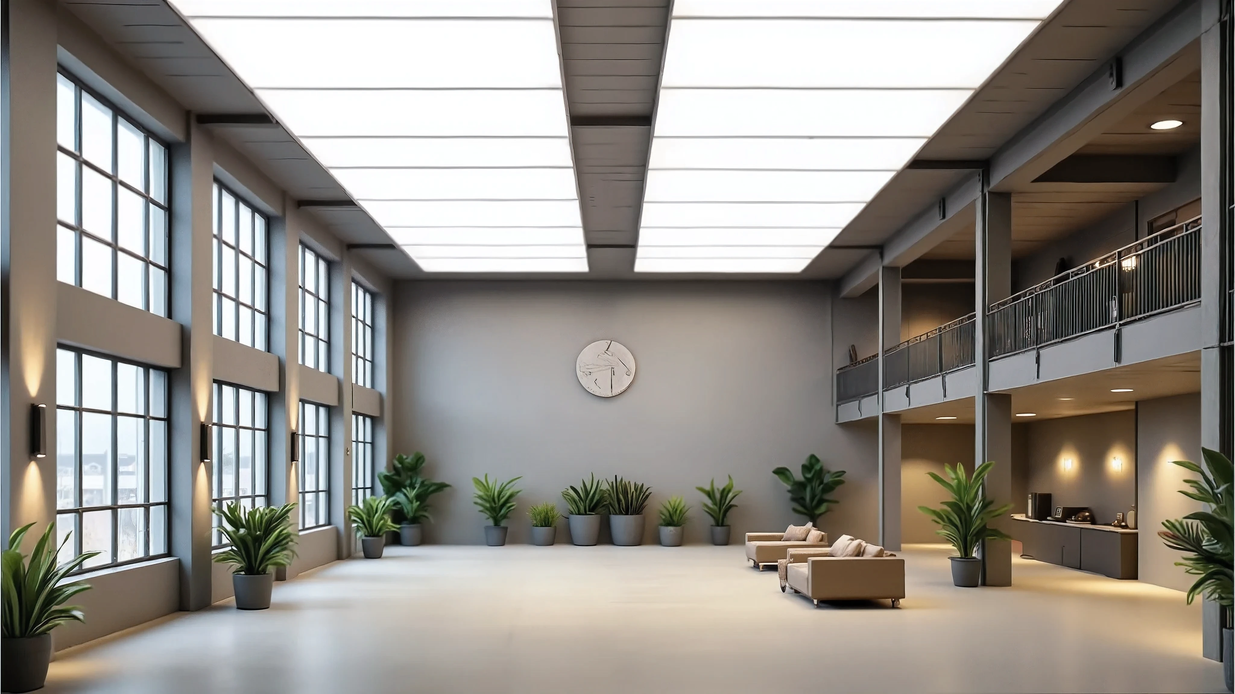 Interior of a modern industrial building with large windows , metal beams , and a mezzanine level , featuring a variety of plants , seating areas , and decorative elements
