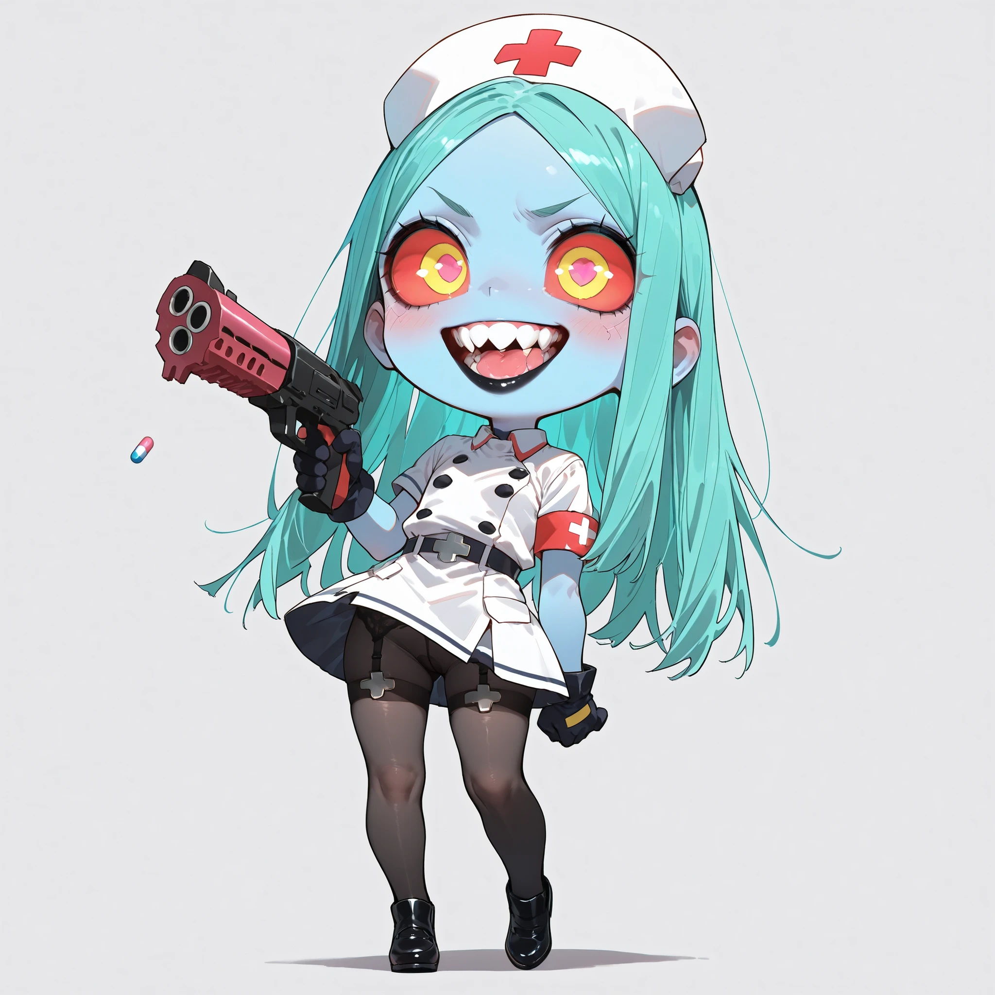 ( High Quality,4K, masterpiece:1.2), (Turquoise Hair、 straight hair 、)、(blue skin)、big eyes、 serrated teeth 、big mouth、Black lipstick、 Black Eye Makeup 、yellow eyes、Red sclera、black nurse uniform、miniskirt、garter belt、tights、網tights、Black shoes、Pill saw edge、巨大なPill saw edge、white background