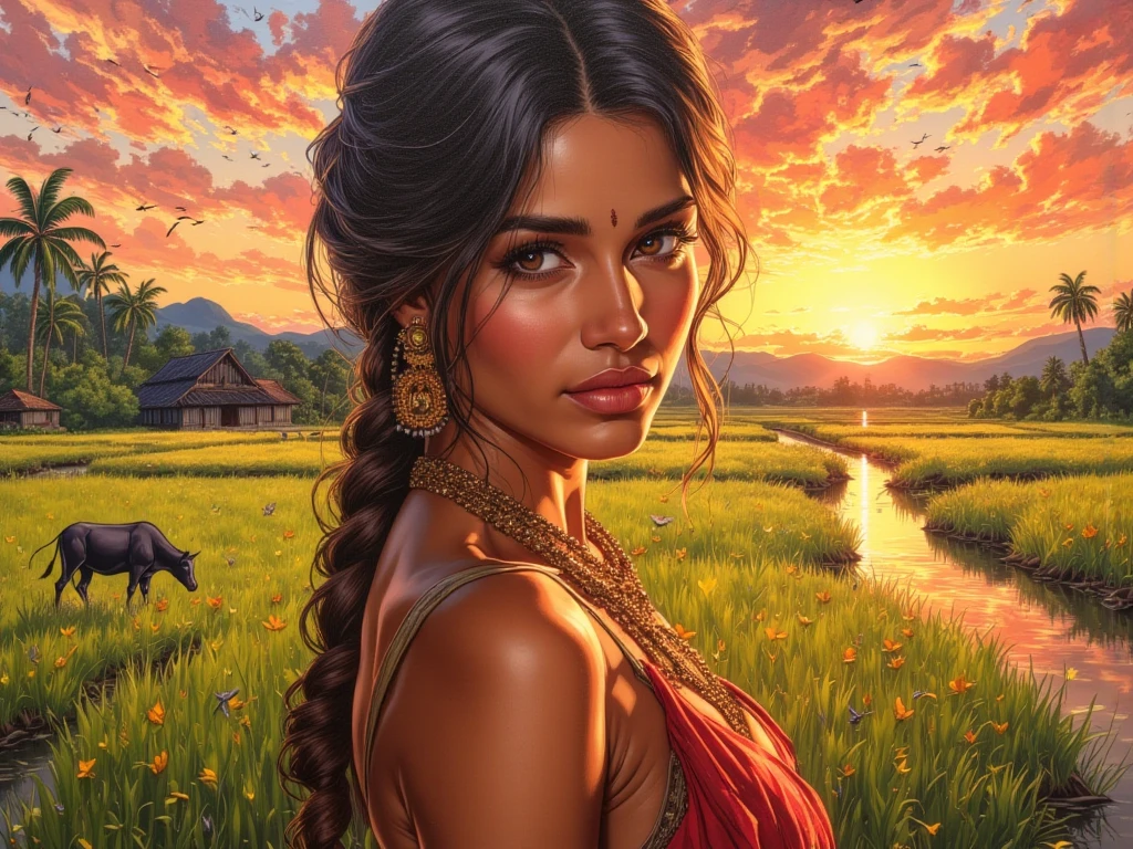 impasto oil painting, impressionistic, warm sunset, golden lighting, south-east asian scene, malaysia, head to shoulder potrait of young indian woman with  paddy field background,  buffalo, river, birds, wood house, coconut tree, tropical hillImpressionism, Cinematic, Romanticism, 