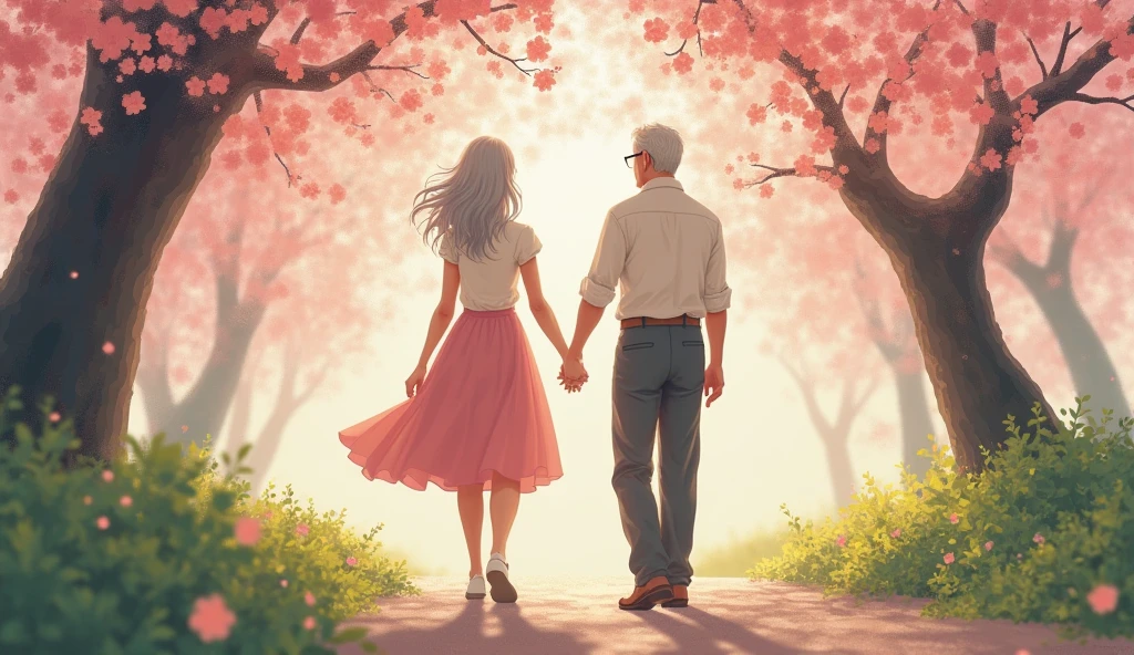 　A middle-aged couple walking under a cherry tree in full bloom.back view、、Gray Hair、white shirt、pink skirts