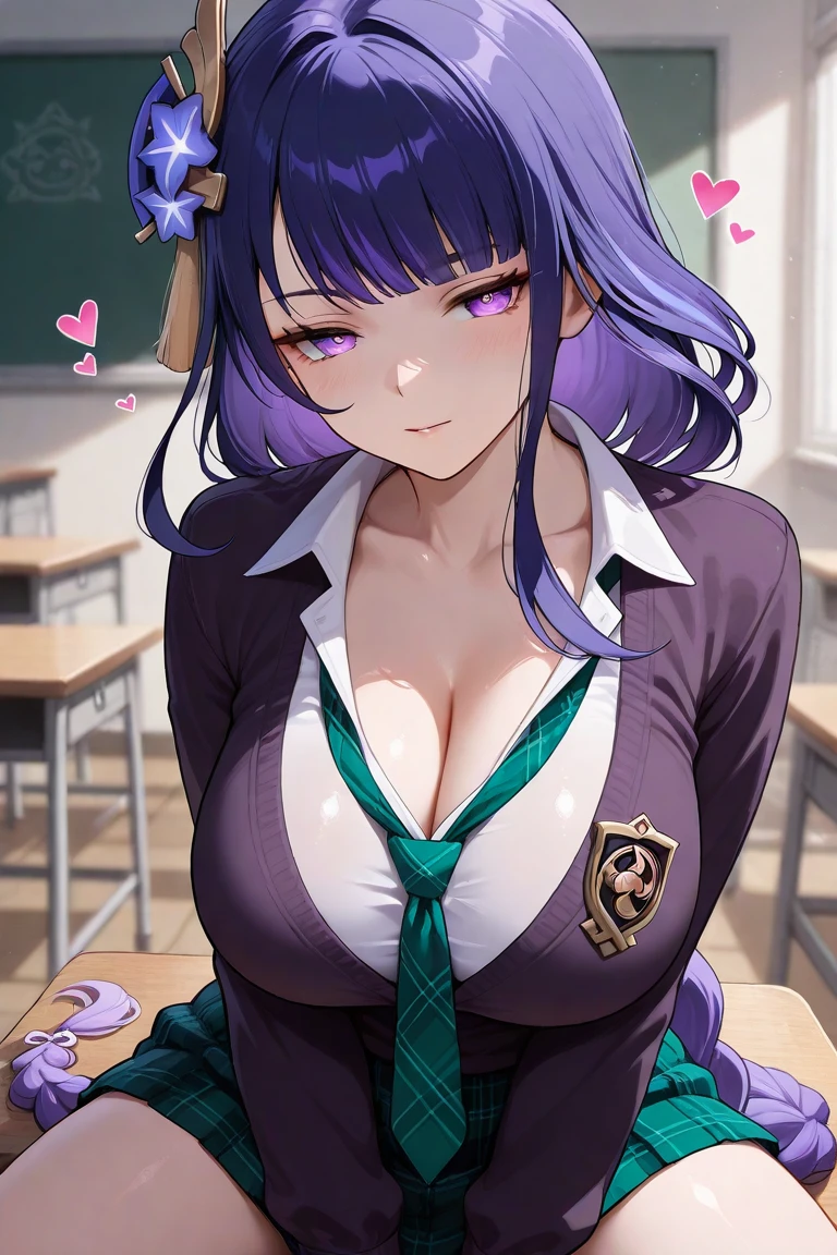 purple eyes, (best quality, masterpiece painting:1.3), Oboro, mature female, 26yo, (half body shot:1.3), schoolgirl, school uniform, (happy, smile, caring look:1.5), purple hair, short hair, stacked bob hair, (large breasts:1.2), (narrow waist:1.1), cleavage, perfect body, (athletic body:1.1), soft skin, anime face, perfect face, (perfect eyes:1.3), glowing eyes, purple irises, anime eyes, smoky eyeliner, eyeshadow, asian, looking at viewer, smart, whiteboard background, classroom, sharp focus, intricate details, professional artwork, (vibrant colors:1.1), vivid colors, Diffused lighting, digital blending, ultra detailed body, ultra detail hair, ultra detail face, trending on pixiv, top button opened,