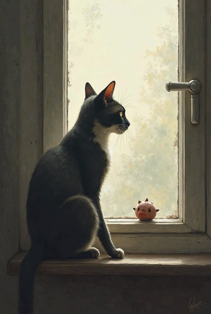 The cat sits alone, looking at a toy, waiting by the window]

"Time passed, but the loneliness stayed. The cat waited… and waited."