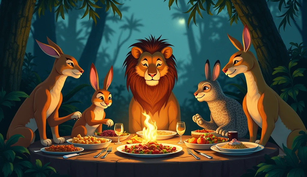 Scene 5: The Celebration Feast**  
   *Image Description:* A joyous village celebration under the stars with a large table filled with food. Villagers, including Ali, Minoo, Robi, and Windy, are enjoying the feast, laughing and sharing stories. Windy is seated at the head of the table, being honored with the title "Windy the Protector." Lanterns hang from trees, and the atmosphere is warm and festive, with everyone in high spirits.creat an image for kids story 