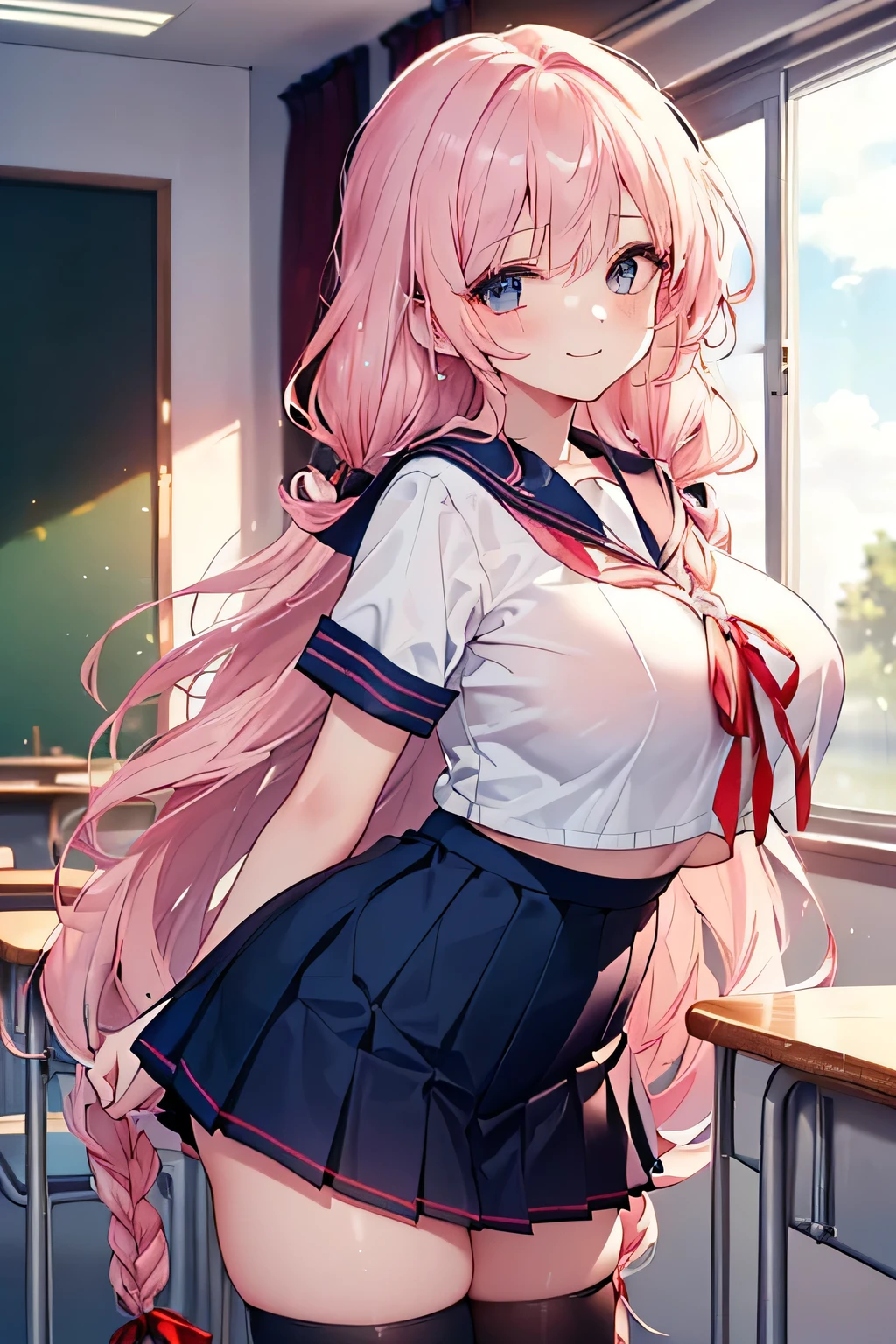 Ultra high resolution, 16k, ((masterpiece)), ((best quality))), ((super detailed)), a girl, long pink hair, high school uniform, in the classroom