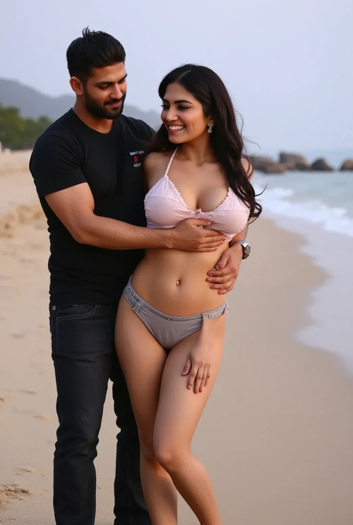 HD wallpaper 32k cinematic shoot of a Beautiful cute girl, with thick thighs and a curvy slim waist, twin braids, wearing a bikini, horny, seductively, smiling, ((lowwaist)), (((standing beside a man))), (((standing beside a man))), (((flower in her hand)))