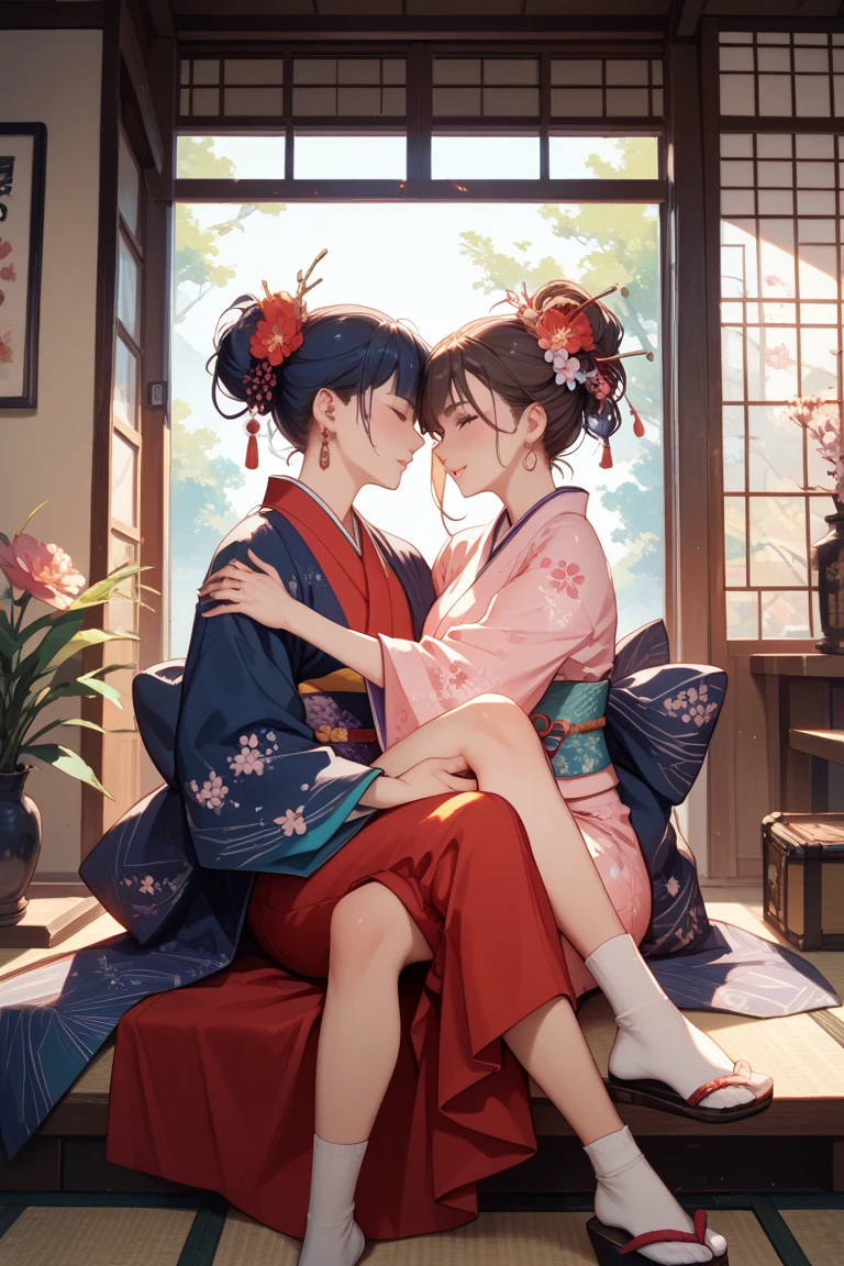 Lesbians like pink and purple clothes, long and short hair kissing,Background evening