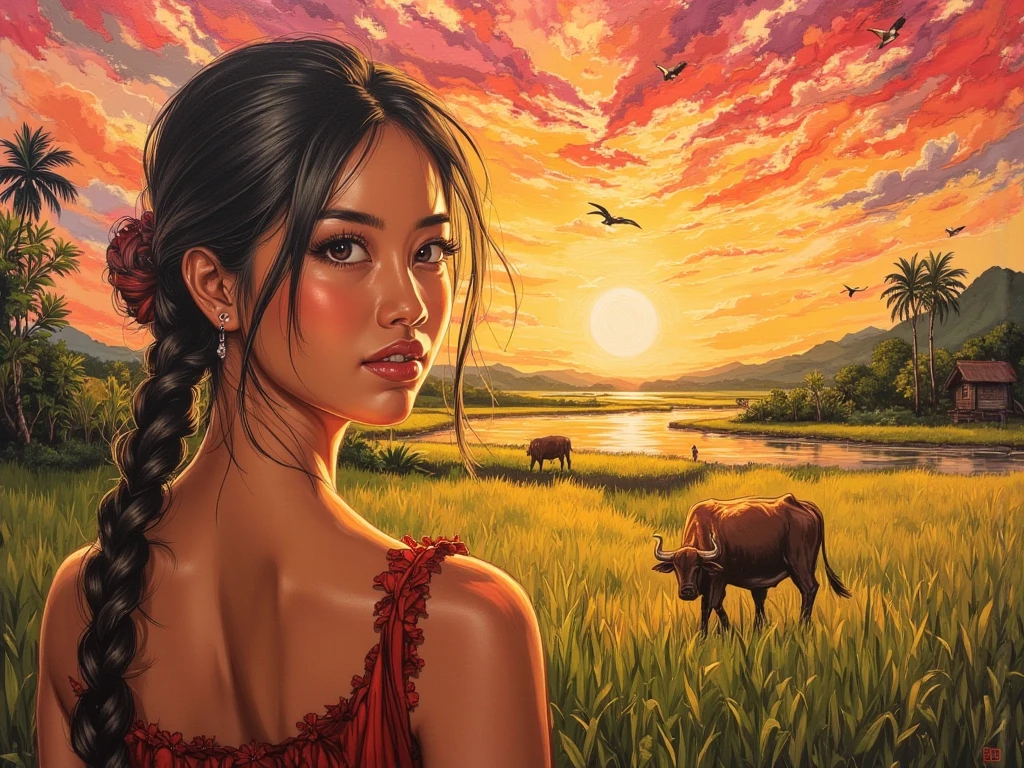 impasto oil painting, impressionistic, warm sunset, golden lighting, south-east asian scene, thailand, head to shoulder potrait of young thai woman with  paddy field background,  buffalo, river, birds, wood house, coconut tree, tropical hillImpressionism, Cinematic, Romanticism, 