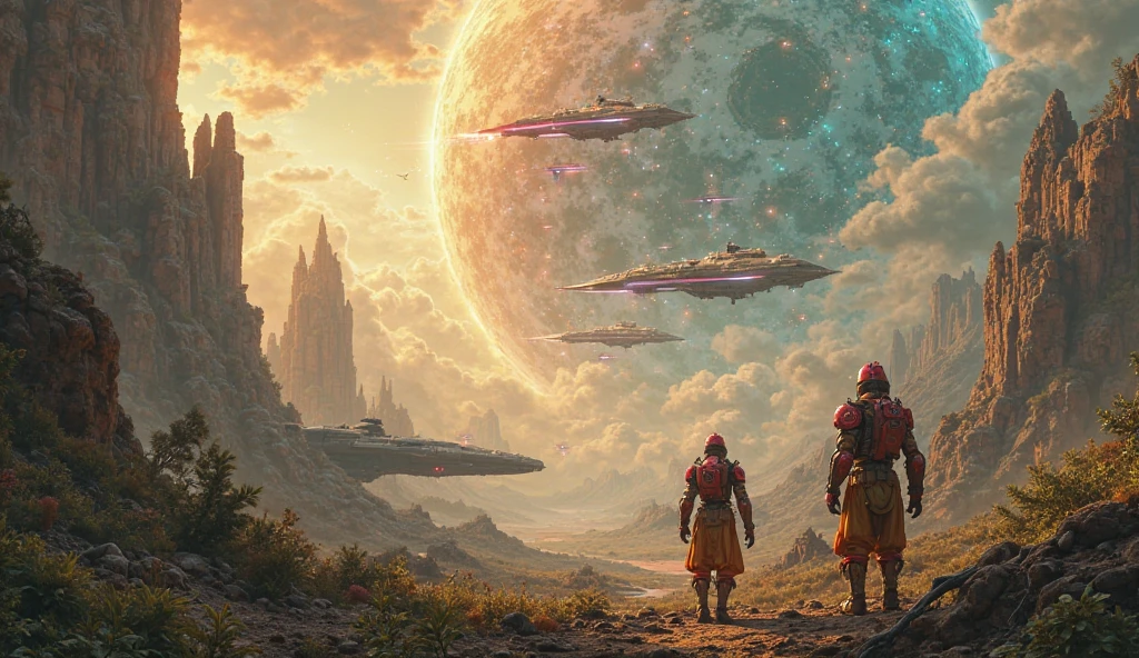 The scene unfolds on a distant, ancient planet—a place where time itself seems warped, and humanity has returned after millennia of separation. The sky is distorted, swirling with colors and energies that speak of time manipulation and forgotten technologies. Huge temples and structures rise from the landscape, their design a perfect blend of alien and human influences, towering over the lush alien jungles that now envelop them. These monuments are relics from a time when humans were lost to the cosmos, now rediscovered and brought back to life by the time-traveling ren of Earth.

At the heart of this lost world stands the human presence: a group of humans—dressed in intricate, glowing suits that seem to hum with energy, their eyes filled with the wisdom and power of ages past. They are the "Time's ren", their once-primitive origins now distant memories, replaced by an ancient understanding of technology that has allowed them to bend time, reshape civilizations, and alter the fate of the galaxy. Their suits shimmer with advanced nanotechnology, and each carries an artifact or weapon of immense power—tools forged through millennia of lost knowledge.

In the sky above, a massive fleet of human warships—futuristic, powerful, and capable of time manipulation—hovers. These ships are adorned with symbols that represent both ancient Earth and the galactic empires they’ve built and conquered. The ships, with sleek, angular designs, exude a powerful aura, rippling with temporal energy fields that warp the space around them. Their weapons, capable of bending the very fabric of time, are poised to reshape the course of galactic history.

In the distance, the once-advanced alien species, now struggling to keep pace with humanity’s temporal mastery, look on in awe and fear. Some of their ships are caught in time loops, their technology no match for the time-altering weapons of the returning humans. The alien fleets, which once ruled the stars, are now fractured and dis