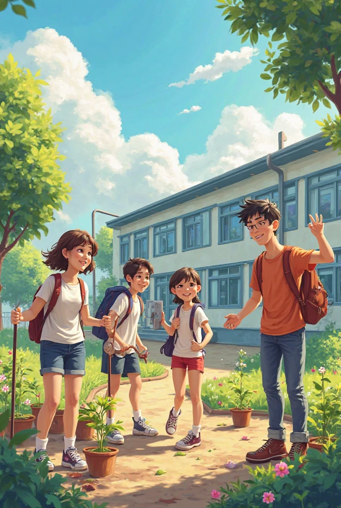 Happy male and female School ren decorating school, planting trees, making school beautiful