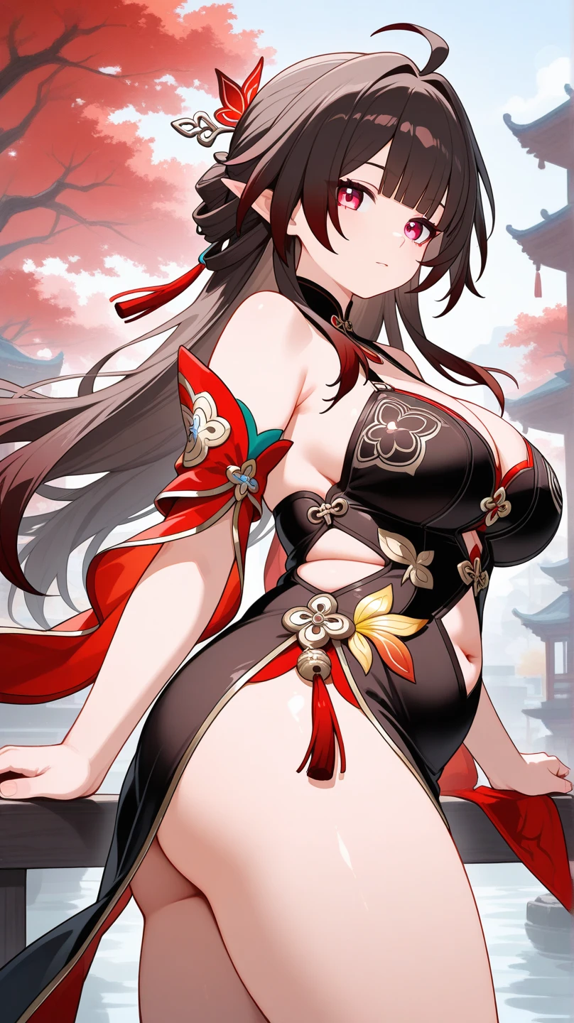 high resolution, (masterpiece), 4k, portrait, ((from below)), (upper body), ((1girl)), (((detailed long black hair with red strands))), (floral hair ornament), ahoge, (((((crossed bangs))))), ((bright cyan blue eyes)), athletic build, (large chest), wide hips, long legs, (((black battle kimono with floral designs and rolled up sleeves))), ((red obi)), (((samurai shoulder plate))), (side boob), coy smirk, (arms crossed), confident pose, night time, stars, full moon, japanese modern city, rooftops, skycraper in the distance, wind 
