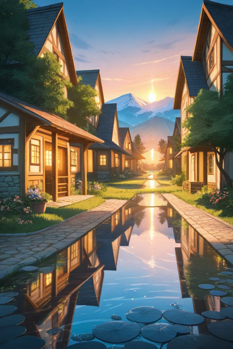 a small village by the river, mountains in the background, floral flowers colorful, detailed landscape, Beautiful natural landscapes, atmospheric lighting, scorching sunset, warm colours, practical, photopractical, Detailed Foliage, complex buildings, cobblestone street, Charming country house, swirly vibrant colors, lush vegetation, Still water reflections, Picturesque, idyllic, work of art, best qualityer, 8k, extremely detaild,anime styling