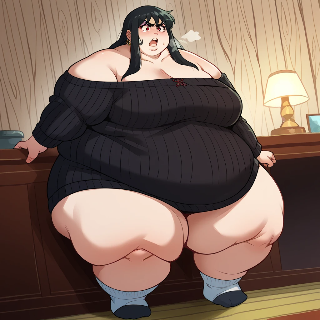 1girl, top heavy figure, (((incredibly big chest))), ((saggy chest)), plump, incredibly plump, ((big belly)), (((big tits))), pout, embarassed, wide, (((obese))), (((fat))), ((love handles)), double chin, out of shape, obese, fatty, tall woman, big bossom, ((milf)), big height, mature, standing, full body, bbw, ssbbw, ookami mio, skirt, white shirt, wide ponytail, yellow eyes, wolf ears, wolf tail, long hair, hair between eyes, black hair, black bikini, pantyhose, high heels,