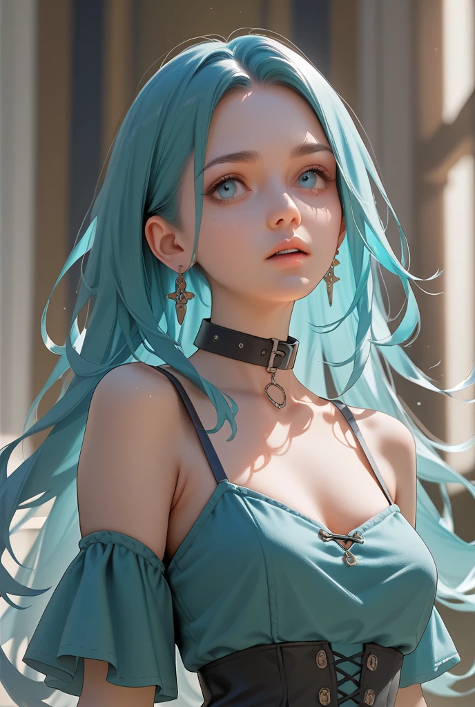 Animated character with blue-green hair and big
blue eyes, 1girl, jewelry, solo, long hair, bangs, looking at viewer, jewelry, , blurred background, upper body, eyelashes, piercing, parted lips, hair between eyes, glowing, necklace, hairpiece, lips, kind smile, shoulders bare, blue dress
