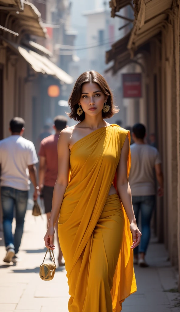 In the same crowded alley, Maya walks slowly, her presence both mesmerizing and isolating. She carries herself with quiet grace, her bold figure wrapped in a deep yellow saree that accentuates her beauty. As she moves through the street, people notice her — but immediately look away. Some turn their backs, others cross to the other side of the path. Their faces show judgment, discomfort, and avoidance. Maya's expression stays calm and detached, as if used to being treated like a ghost in plain sight. Camera angle: a tracking side shot that follows Maya from waist-level as she walks, with shallow depth of field — Maya in sharp focus, the crowd around her slightly blurred, their body language clearly avoiding her. Lighting: natural sunlight filtering through balconies, casting lines of shadow across her path."
