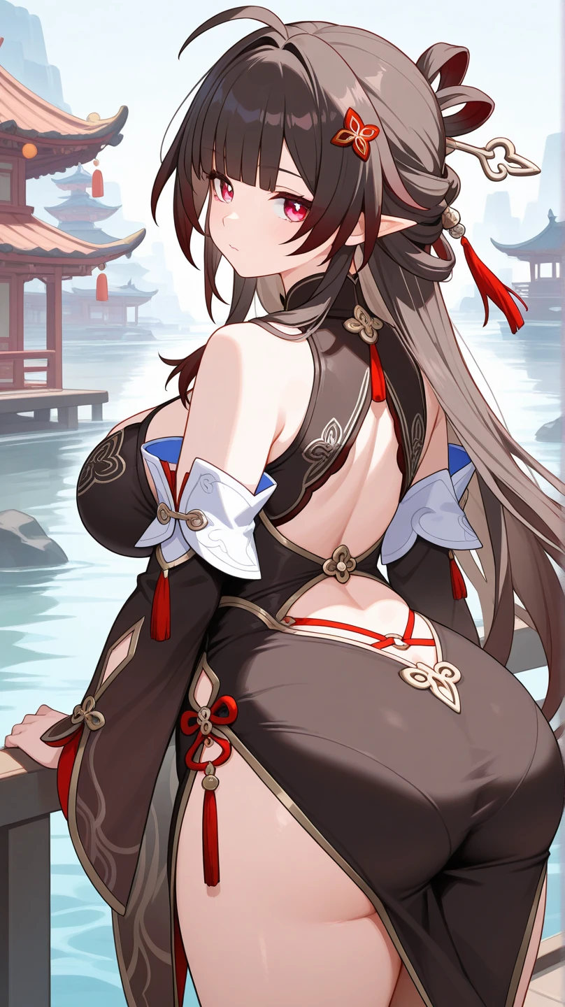 masterpiece, best quality, 1girl, solo, thighhighs, chinese-clothes, gloves, very-long-hair, dress, hair-bun, twintails, china-dress, red-dress, double-bun, black-thighhighs, brown-hair, brown-eyes, full-body, red-footwear, pelvic-curtain, looking-at-viewer, bandages, blush, standing, breasts, bangs, armlet, sleeveless, fighting-stance, sleeveless-dress, brown-gloves, bare-shoulders, v-shaped-eyebrows, bandaged-arm, side-slit, leg-up, medium-breasts, gradient-hair, boots, ankle-boots, floating-hair, closed-mouth, simple-background, hand-up, blunt-bangs, sash