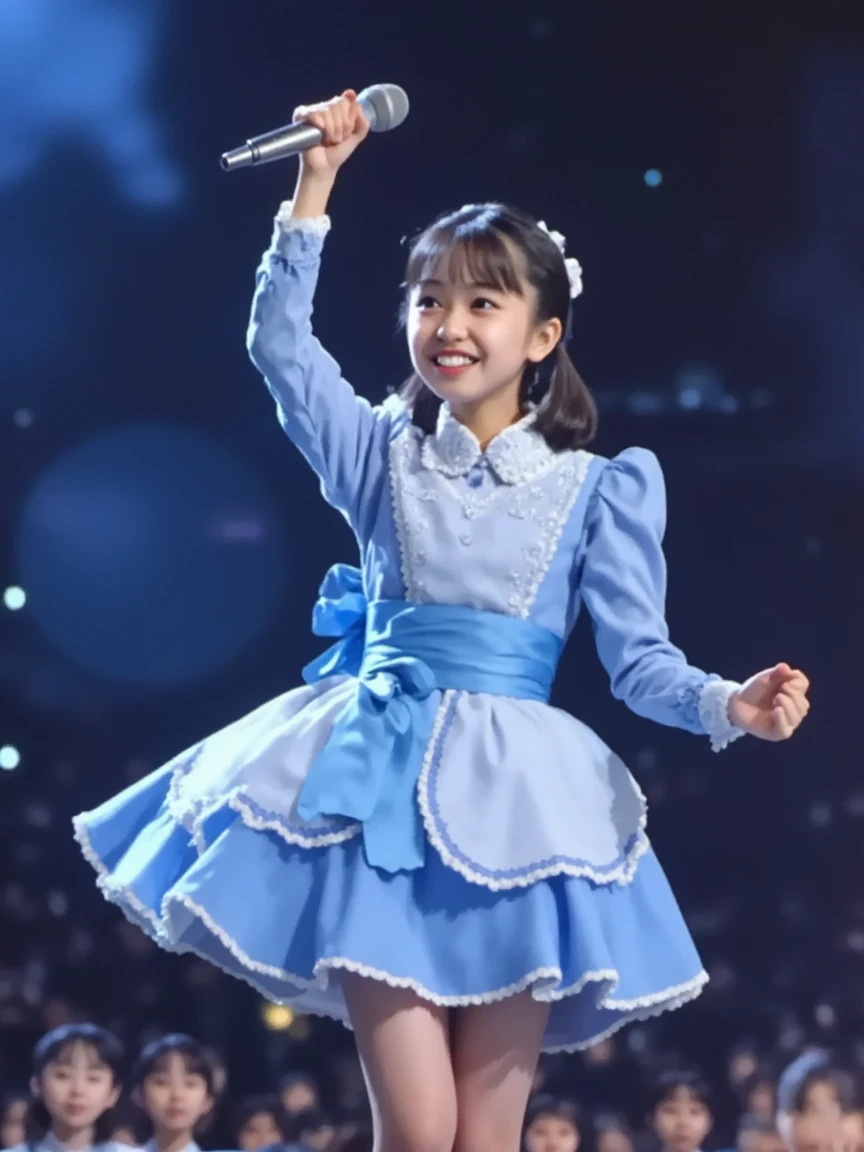 Realistic long shot photo of a pretty girl, black straight medium hair, Japanese american idol, brown eyes, 50mm portrait, performing on colorful stage with colorful stage lights, Top: Baby and white sweet collar, front white button closure, puffed sleeves, baby blue solid short skirt and matching beautiful Bow Tie, small flower clip with baby blue petals on shirt and on hair, white shoes with light blue laces