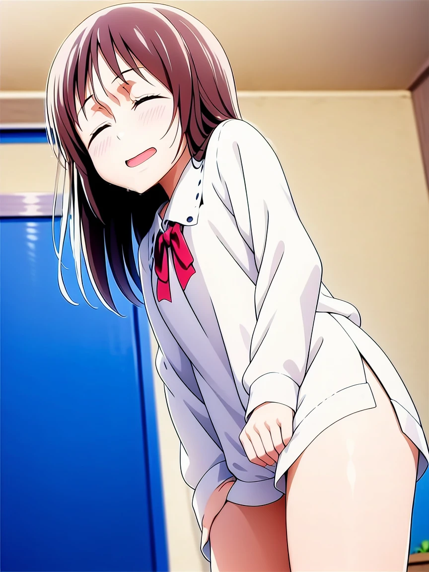 nsfw,suzune horikita, 1girl,1boy,((penis)),,(Red eyes:1.3),locker room,cowboy shot,(Medium chest),Hair Ribbon,(naked,全naked),(((cowgirl position,girl on top))),Black thigh-high socks,((orgasm,pussy juice)),short hair,