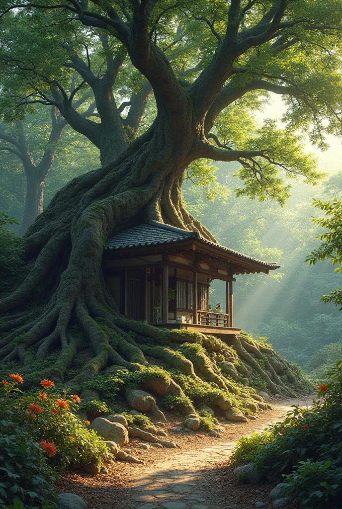 おおきなTree rootsで隠れてる家, Tree roots, hidden house, nature, Simple, real, Japanese house, Japanese, Traditional, sunlight filtering through the trees, Mysterious, 4K, high resolution, HDR, Extremely Fine Details, realistic, Artistic, quiet, calm, Warm Colors, natureの色合い