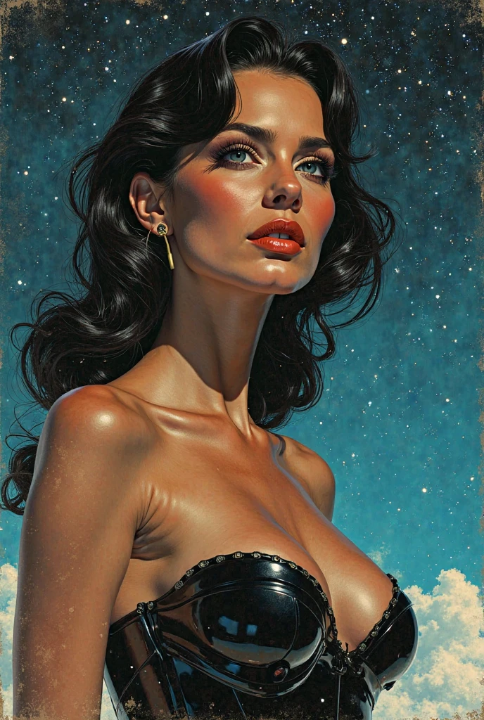  model riley rebel, sexy sci fi, pulp fiction magazine cover, 60s movie poster, blue black space background