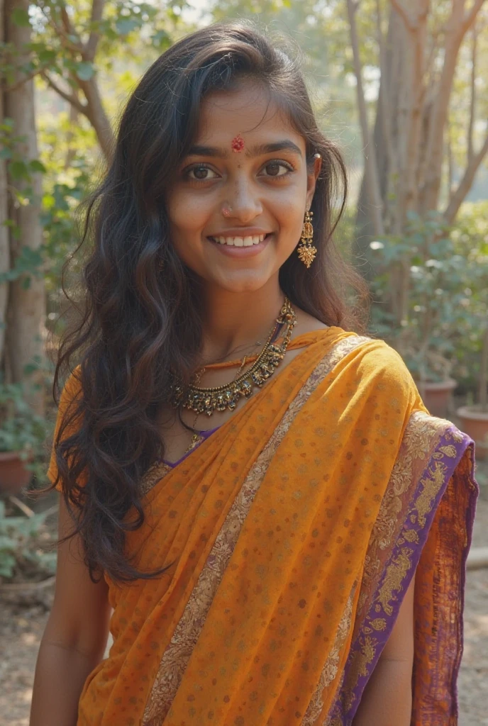 beautiful cute young attractive indian teenage girl, village girl, 18 years old, cute, Instagram model, long black_hair, colorful hair, indian, big breasts, little smiling, smooth face very realistic
