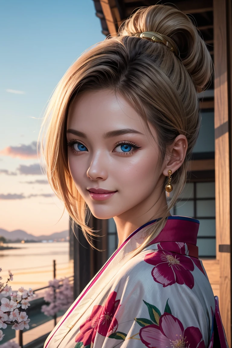 No.18,Dragon Ball Z,One-length hair,beautiful white blond hair, beautiful blue eyes ,PINK LIPS,white skin,in a sakura-colored kimono studded with beautiful gold leaf,smile,Ultra HD,super quality,masterpiece,dslr,photorealistic, Detailed Details,Vivid details,drawn in detail,Detailed face, Detailed Details,Super Details,realistic skin texture that shows through the whole body, colorful candy room ,perfect anatomy,anatomically correct hands,anatomically correct finger,complex 3d rendering,Mysterious cherry blossom blizzard,sunset,Beautiful Dusk,Beautiful Scenery of Japan,Hair fluttering in the breeze,Beautiful like a painting,takes pictures of Hirose's whole body,9 heads,