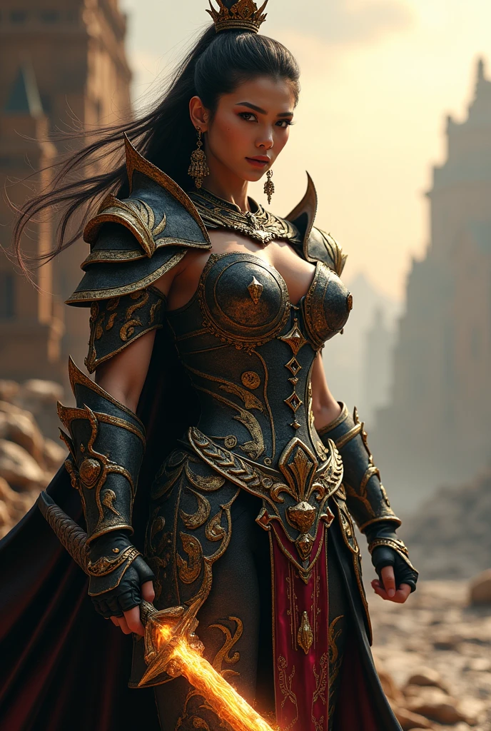 Ultra-realistic photo of a powerful big-?????? fantasy beautiful girl ???? big-muscular barbarian full-armored with long hair,evil sly smile,wearing highly detailed black and gold Royal-Thai with metallic gold textures and weathered surface armored, ** Royal Thai ornament hat**, right hand holding a long gigantic glowing energy big-blade , left fist to a camera ,cinematic lighting, sharp focus, shallow depth of field, high dynamic range, soft shadows, realistic materials, photo taken in a studio with fantasy heaven city background, 85mm lens, f/1.4, ISO 100, 8K photo