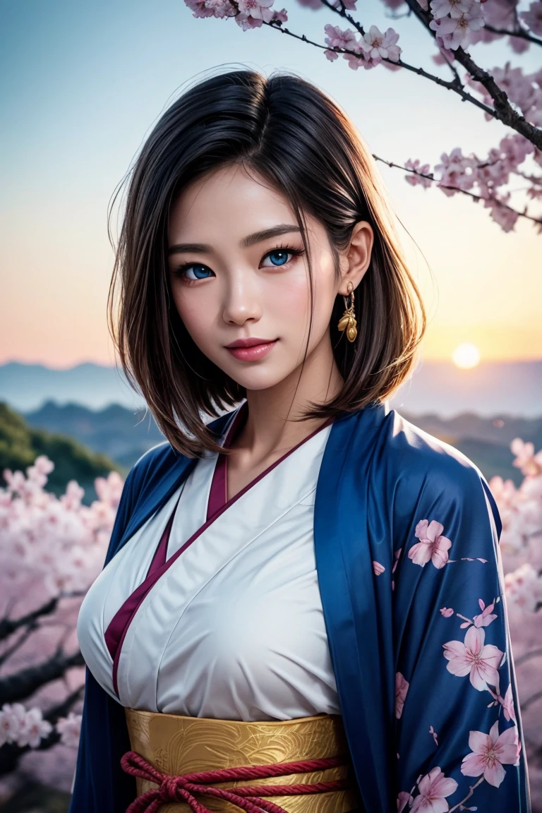 No.18,Dragon Ball Z,One-length hair,beautiful white blond hair, beautiful blue eyes ,PINK LIPS,white skin,in a sakura-colored kimono studded with beautiful gold leaf,smile,Ultra HD,super quality,masterpiece,dslr,photorealistic, Detailed Details,Vivid details,drawn in detail,Detailed face, Detailed Details,Super Details,realistic skin texture that shows through the whole body, colorful candy room ,perfect anatomy,anatomically correct hands,anatomically correct finger,complex 3d rendering,Mysterious cherry blossom blizzard,sunset,Beautiful Dusk,Beautiful Scenery of Japan,Hair fluttering in the breeze,Beautiful like a painting,takes pictures of Hirose's whole body,9 heads,