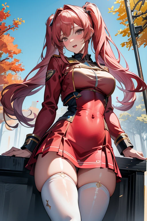 (masterpiece, best quality, ultra detailed, absurdres)1.5, 1girl, (sexy, beautiful woman, perfect face, perfect eyes, perfect female body, huge breasts)1.5, (zerotwo, horns, hairband, necktie, red dress, pantyhose, long hair, pink hair, blunt hair, <lora:zerotwo-nvwls-v1:0.8>), (standing, biodome, sakura trees, dormitory in background), perfect lighting, smooth, hdr