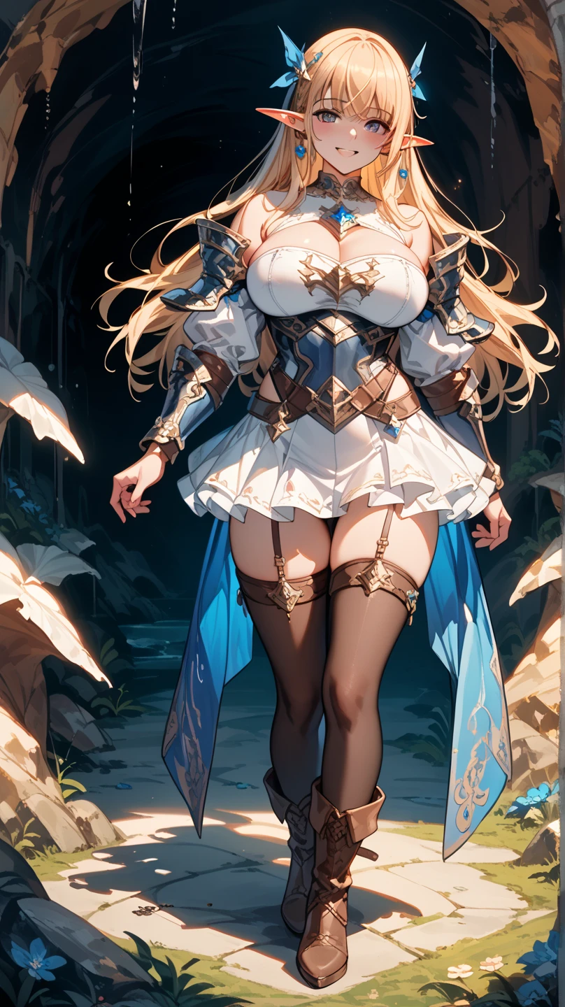 closeup cleavage, The world of elf forest, Elf noble sister, Blonde hair with long straight hair, Wearing an aristocratic hood, White-colored skin, long elf ears, head chain, humanoid creature, camel top, Her skin is white and rosy, brown skin tone, 黑The eye,messy hair,high-heels , leg loops, jeweled skirt, Tattoos are,bag on back