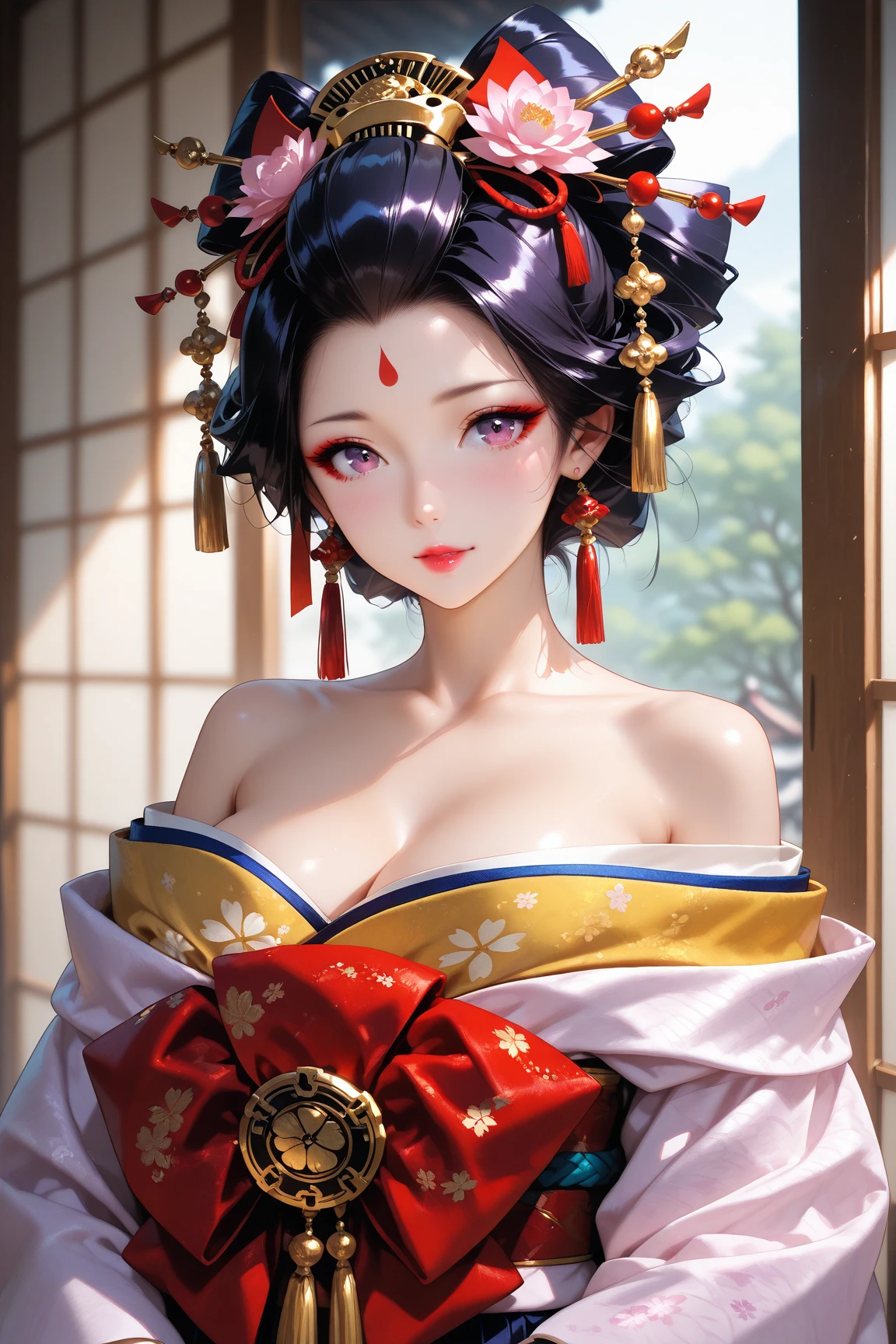 ((masterpiece、Highest quality、Very detailed、High resolution、Realistic、Sharp focus))、Mid Shot、Focus on the chest up、 One Girl、Oiran、Japan、short hair、((Beautiful dark eyes))、Black Hair、Blunt bangs、Updo、Chignon、hairpin、たくさんのhairpin、hair ornaments、kimono、kimono、Japanese paper background、Detailed depiction of the hand、Shoulder、View your viewers