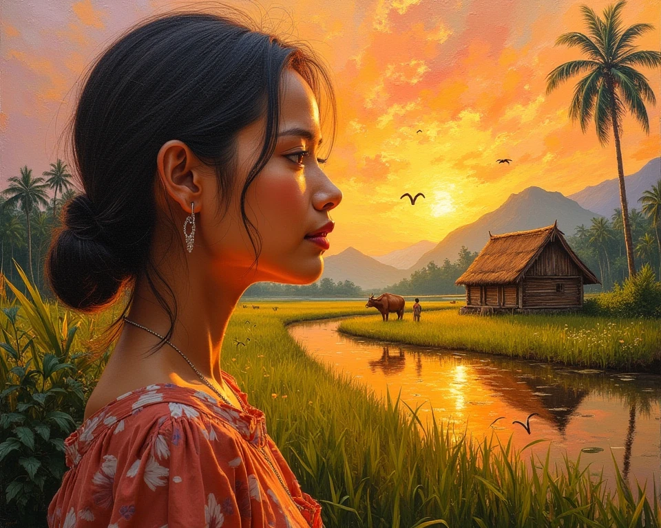 impasto oil painting, impressionistic, warm sunset, golden lighting, south-east asian scene, indonesian,, head to shoulder potrait of young indonesian woman with  paddy field background,  buffalo, river, birds, wood house, coconut tree, tropical hillImpressionism, Cinematic, Romanticism, 